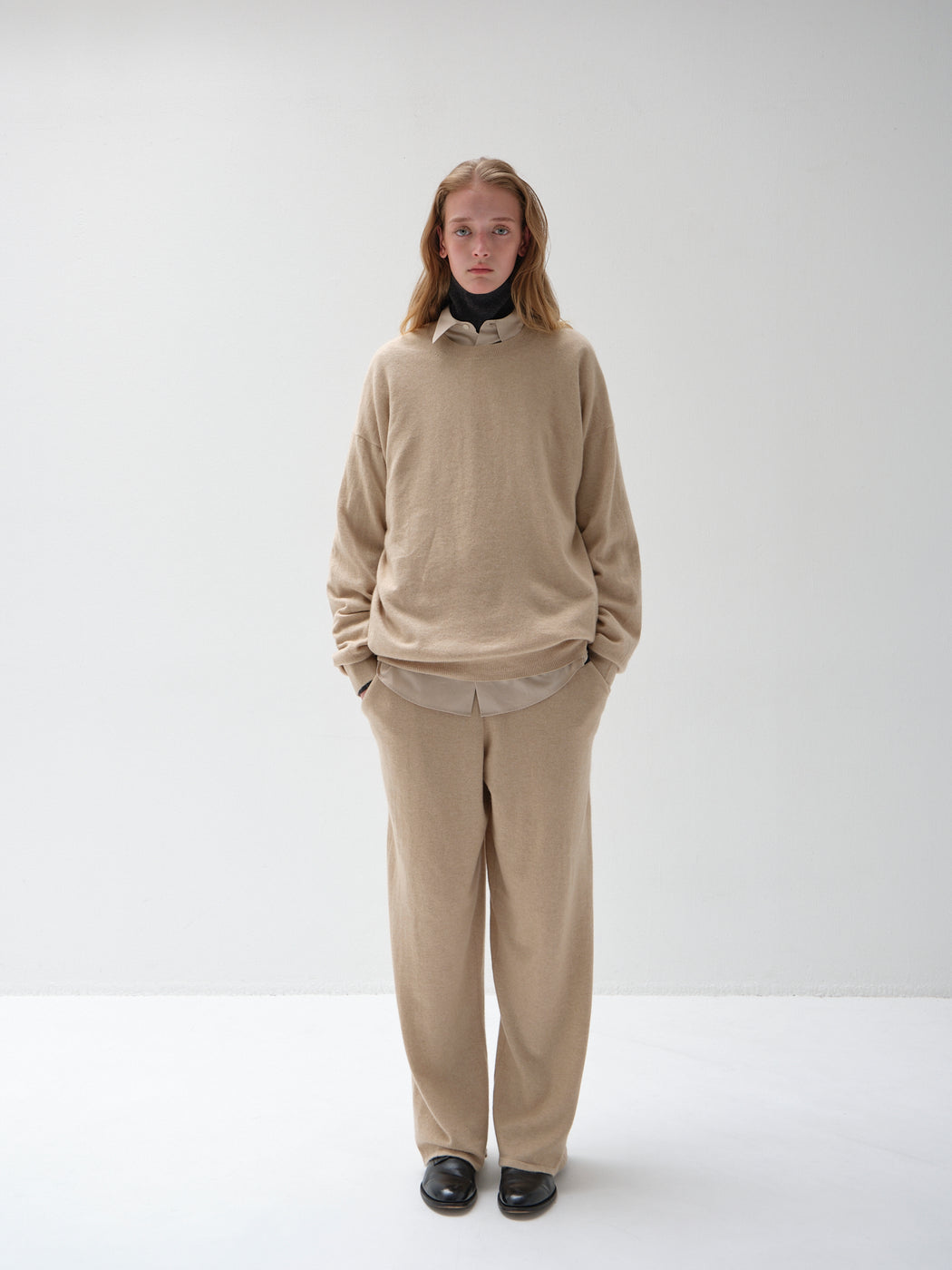 モンゴリアンカシミヤ エルボーパッチ クルーネック, Natural Beige