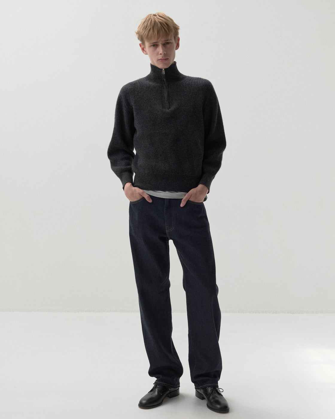 Mongolian Cashmere Elbow Patch Half Zip, Top Gray
