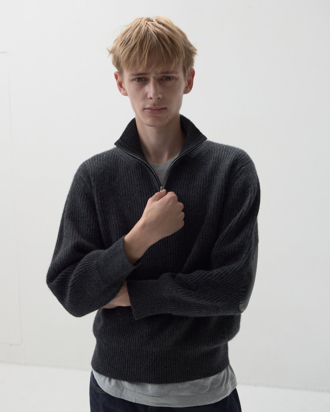 Mongolian Cashmere Elbow Patch Half Zip, Top Gray