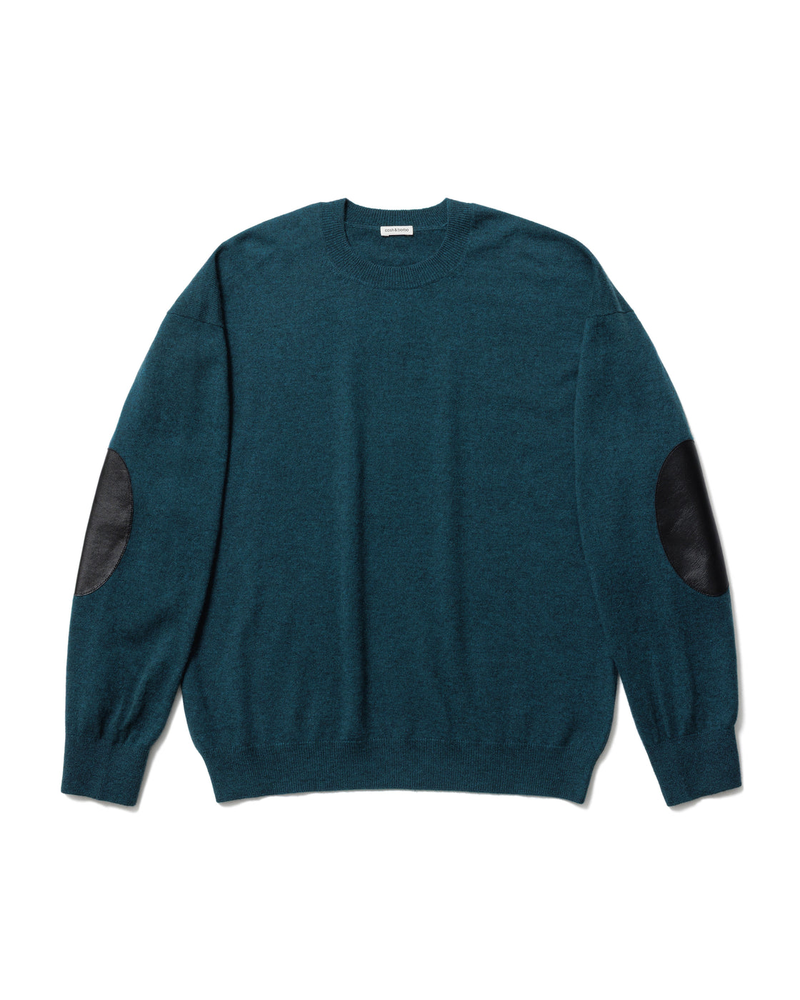 Mongolian Cashmere Elbow Patch Crew Neck, Blue Green