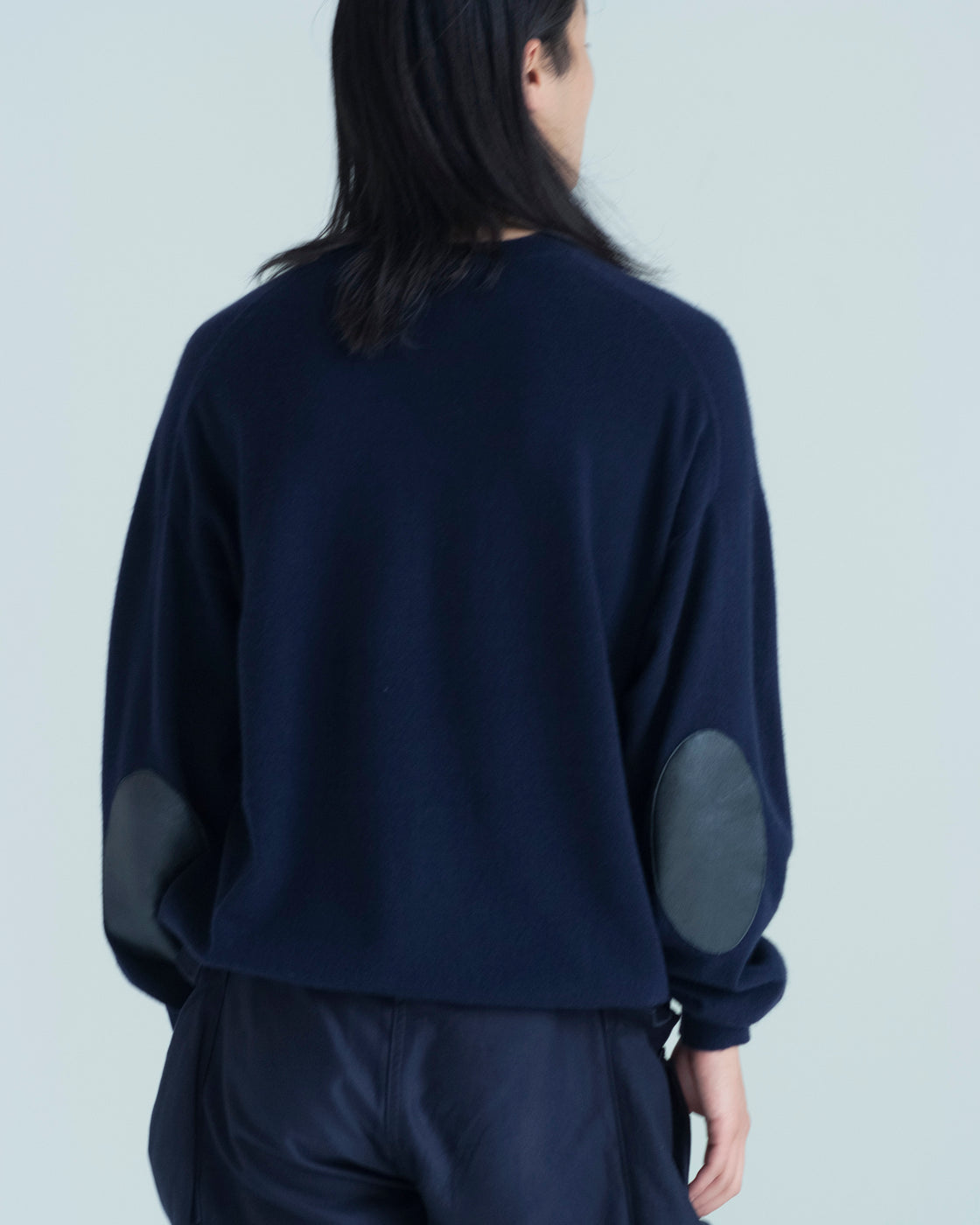 モンゴリアンカシミヤ エルボーパッチ クルーネック, Navy