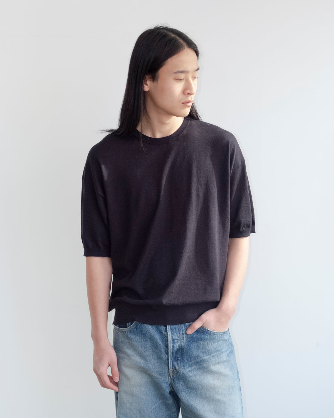 シーアイランドコットン ニット 半袖クルー, Black