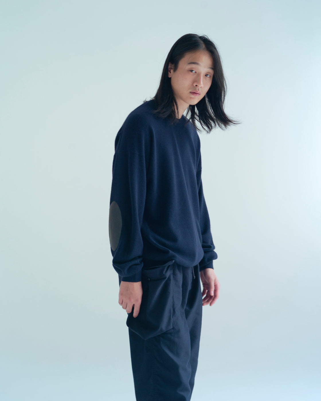 モンゴリアンカシミヤ エルボーパッチ クルーネック, Navy